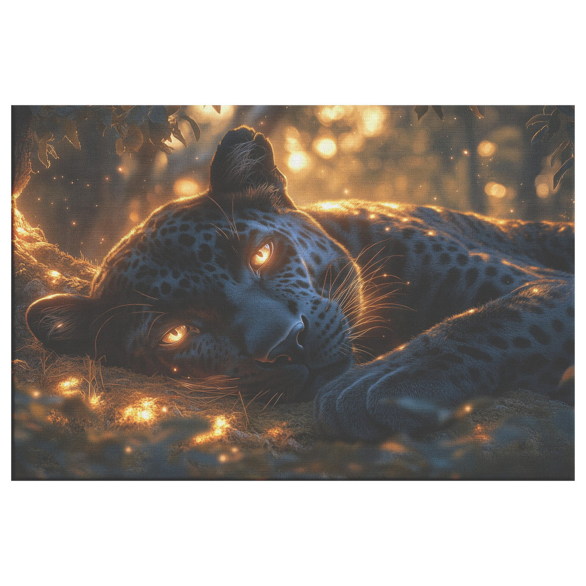 Black Leopard Resting Under Glowing Moonlight Canvas Wall Art Decor in Magical Forest with Silver Light on Sleek Fur - Awakening Righteousness