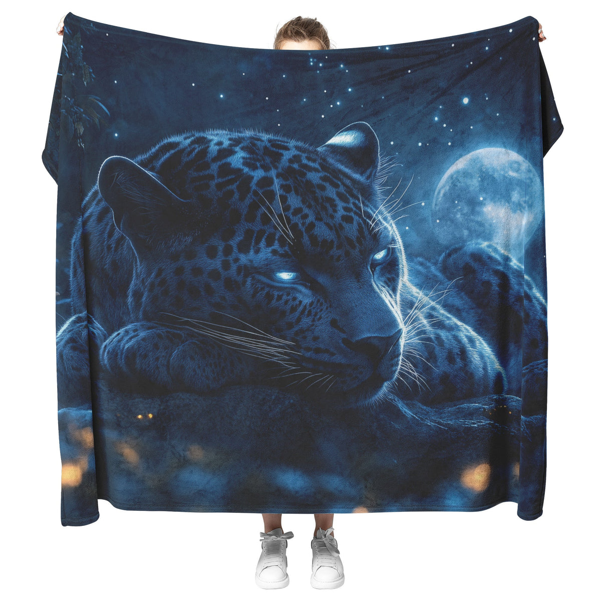 Black Leopard Resting Under Glowing Moonlight in Magical Forest Fleece Sherpa Blanket Soft and Elegant - Awakening Righteousness