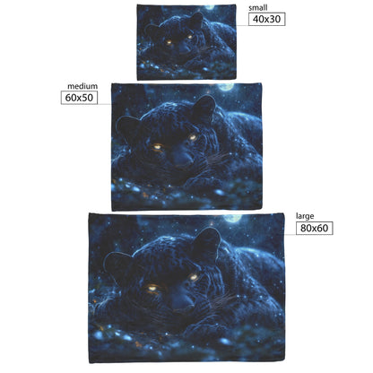 Black Leopard Resting Under Glowing Moonlight in Magical Forest with Silver Light Fleece Sherpa Blanket - Awakening Righteousness