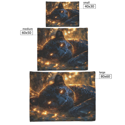 Black Leopard Resting Under Glowing Moonlight in Magical Forest with Silver Light Fleece Sherpa Blanket - Awakening Righteousness