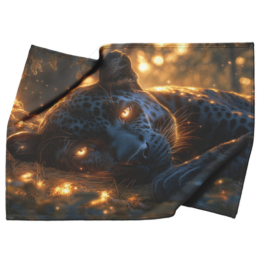 Black Leopard Resting Under Glowing Moonlight in Magical Forest with Silver Light Fleece Sherpa Blanket - Awakening Righteousness