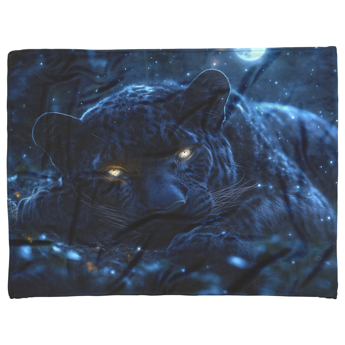 Black Leopard Resting Under Glowing Moonlight in Magical Forest with Silver Light Fleece Sherpa Blanket - Awakening Righteousness