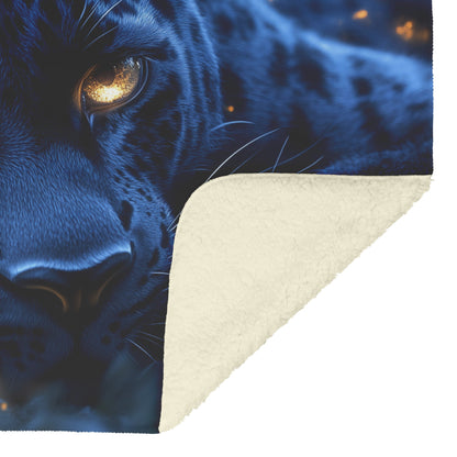 Black Leopard Resting Under Glowing Moonlight in Magical Forest with Silver Light Fleece Sherpa Blanket - Awakening Righteousness