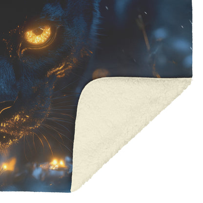 Black Panther with Glowing Golden Eyes in Misty Jungle Surrounded by Bioluminescent Plants Fleece Blanket - Awakening Righteousness