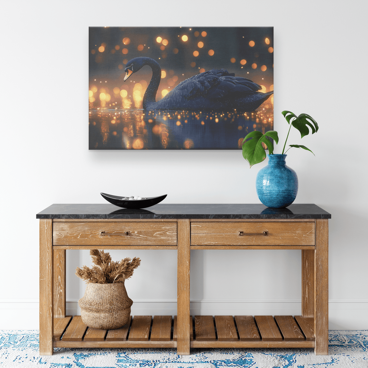 Black Swan Swimming In Glowing Twilight Lake With Golden Fireflies And Silver Moonlight Canvas Wall Art Decor - Awakening Righteousness