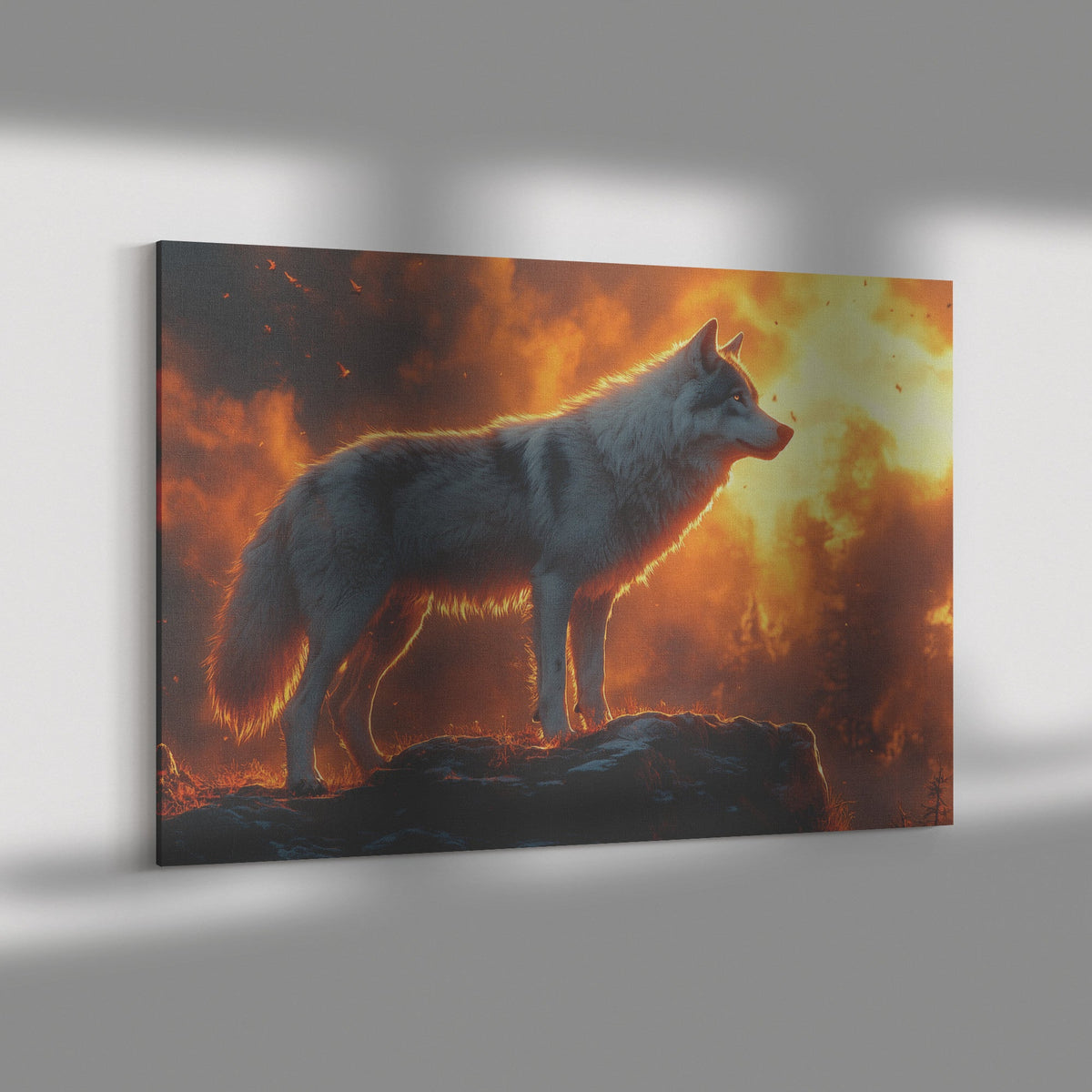 Black Wolf Standing on Glowing Rocky Ledge Under Stormy Twilight Sky Dramatic Lighting Canvas Wall Art - Awakening Righteousness