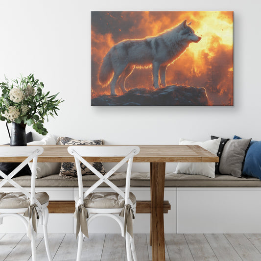 Black Wolf Standing on Glowing Rocky Ledge Under Stormy Twilight Sky Dramatic Lighting Canvas Wall Art - Awakening Righteousness