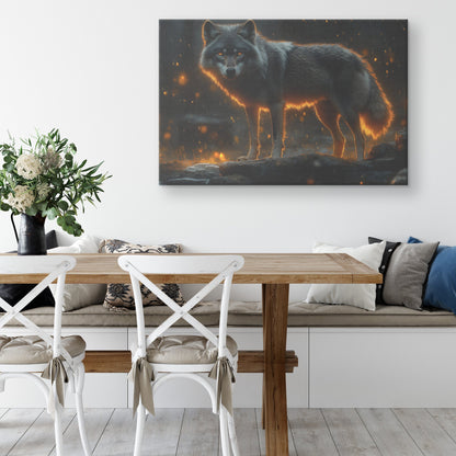Black Wolf Standing Still on Glowing Rocky Ledge Under Stormy Twilight Sky Dramatic Lighting Canvas Wall Art - Awakening Righteousness