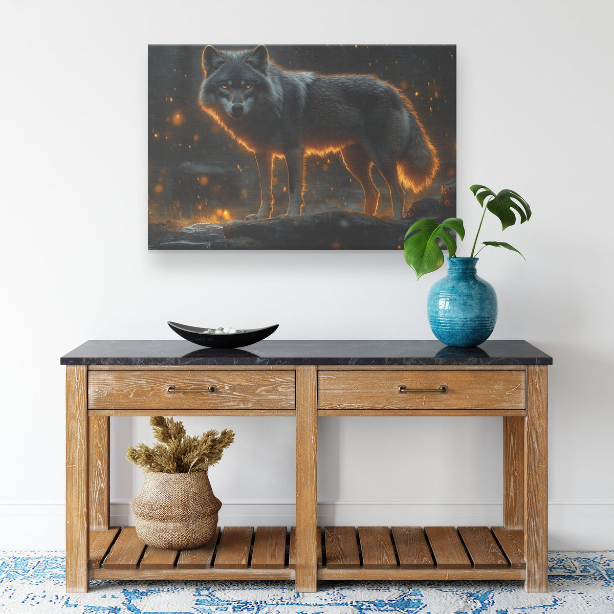 Black Wolf Standing Still on Glowing Rocky Ledge Under Stormy Twilight Sky Dramatic Lighting Canvas Wall Art - Awakening Righteousness