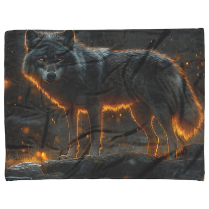 Black Wolf Standing Still on Glowing Rocky Ledge Under Stormy Twilight Sky Dramatic Lighting Cozy Sherpa Blanket - Awakening Righteousness