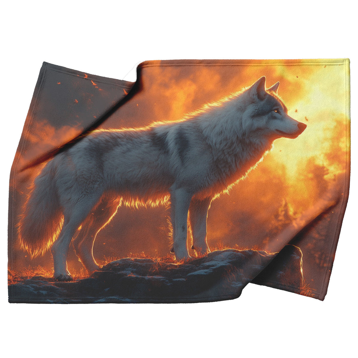 Black Wolf Standing Still on Glowing Rocky Ledge Under Stormy Twilight Sky Dramatic Lighting Cozy Sherpa Blanket - Awakening Righteousness