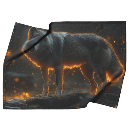 Black Wolf Standing Still on Glowing Rocky Ledge Under Stormy Twilight Sky Dramatic Lighting Cozy Sherpa Blanket - Awakening Righteousness