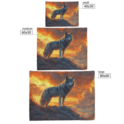 Black Wolf Standing Still on Glowing Rocky Ledge Under Stormy Twilight Sky Dramatic Lighting Cozy Sherpa Blanket - Awakening Righteousness