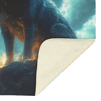 Black Wolf Standing Still on Glowing Rocky Ledge Under Stormy Twilight Sky Dramatic Lighting Cozy Sherpa Blanket - Awakening Righteousness