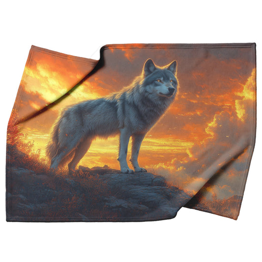 Black Wolf Standing Still on Glowing Rocky Ledge Under Stormy Twilight Sky Dramatic Lighting Cozy Sherpa Blanket - Awakening Righteousness