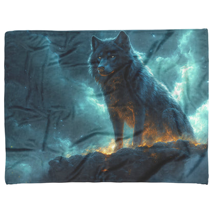 Black Wolf Standing Still on Glowing Rocky Ledge Under Stormy Twilight Sky Dramatic Lighting Cozy Sherpa Blanket - Awakening Righteousness