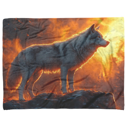 Black Wolf Standing Still on Glowing Rocky Ledge Under Stormy Twilight Sky Dramatic Lighting Cozy Sherpa Blanket - Awakening Righteousness