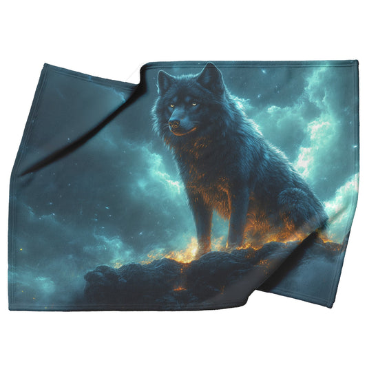 Black Wolf Standing Still on Glowing Rocky Ledge Under Stormy Twilight Sky Dramatic Lighting Cozy Sherpa Blanket - Awakening Righteousness