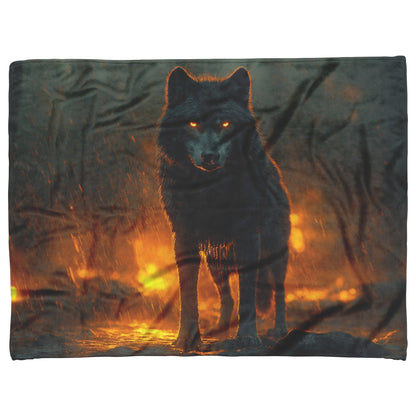Black Wolf Standing Still on Glowing Rocky Ledge Under Stormy Twilight Sky Dramatic Lighting Cozy Sherpa Blanket - Awakening Righteousness