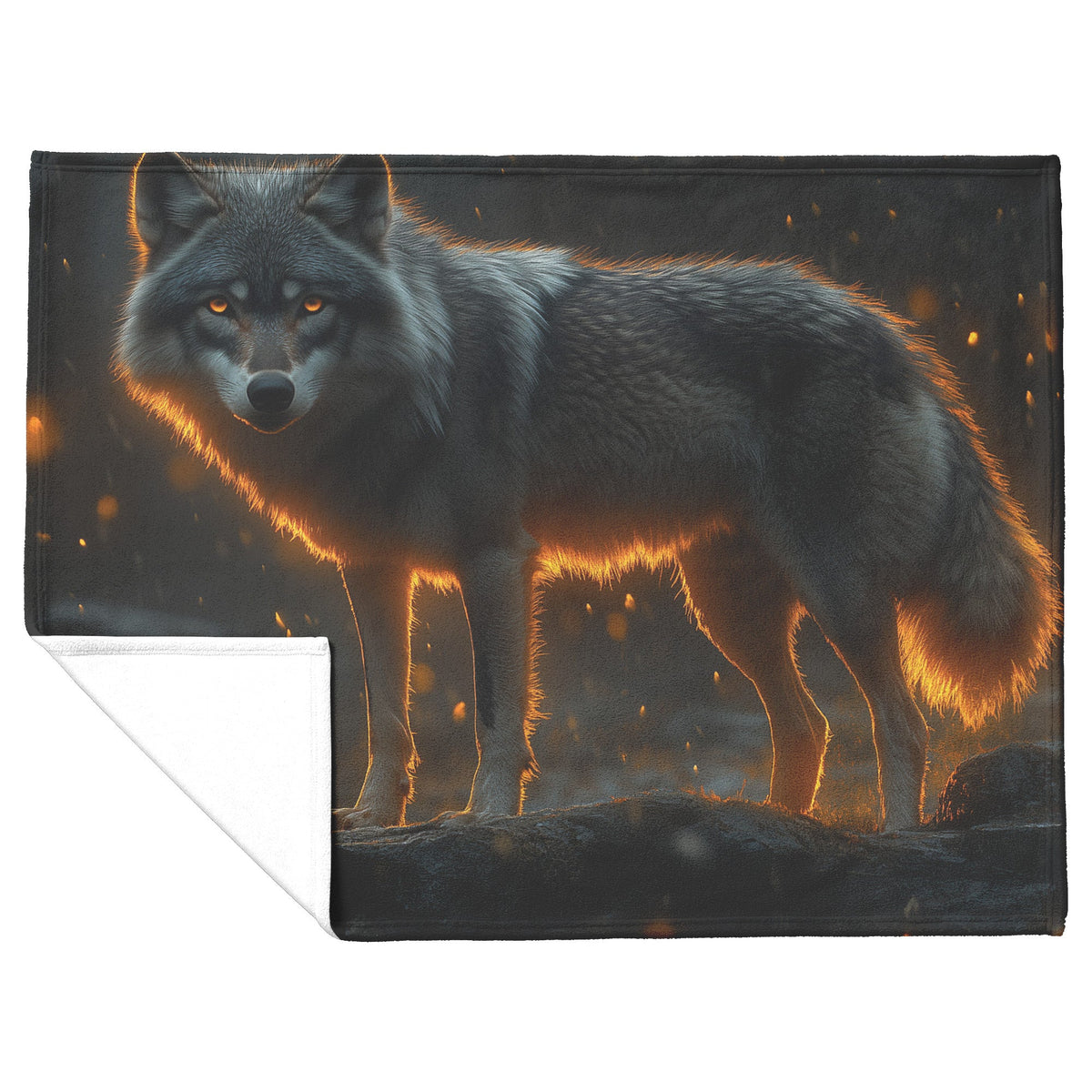 Black Wolf Standing Still on Glowing Rocky Ledge Under Stormy Twilight Sky Dramatic Lighting Cozy Sherpa Blanket - Awakening Righteousness