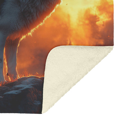 Black Wolf Standing Still on Glowing Rocky Ledge Under Stormy Twilight Sky Dramatic Lighting Cozy Sherpa Blanket - Awakening Righteousness