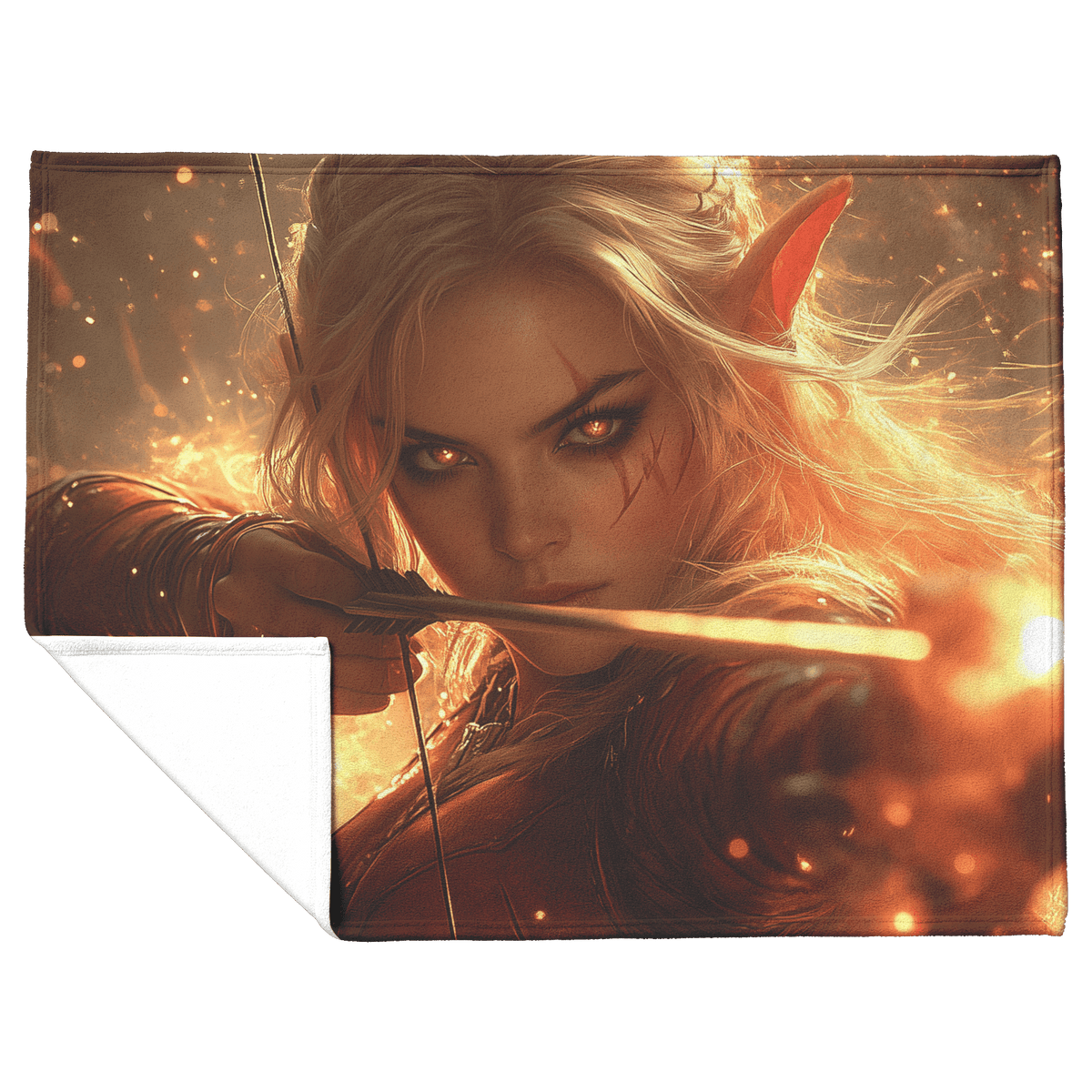 Blood Elf Hunter Fleece Sherpa Blanket Crimson Armor Glowing Bow Golden Textures Cosmic Highlights Bold Majestic WoW Design - Awakening Righteousness