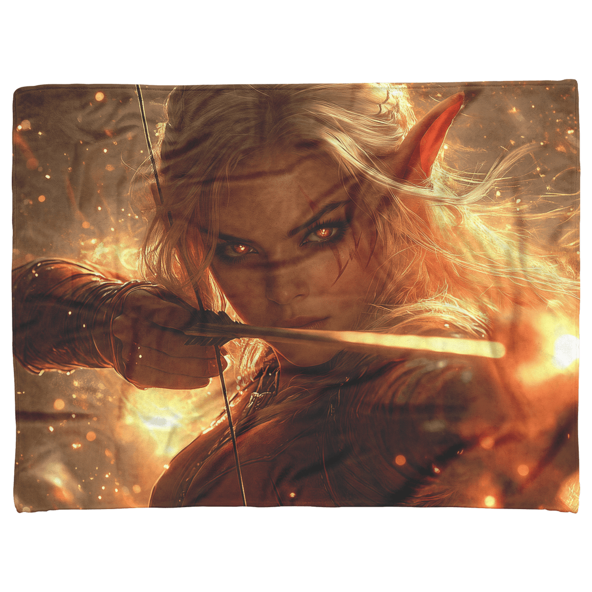 Blood Elf Hunter Fleece Sherpa Blanket Crimson Armor Glowing Bow Golden Textures Cosmic Highlights Bold Majestic WoW Design - Awakening Righteousness
