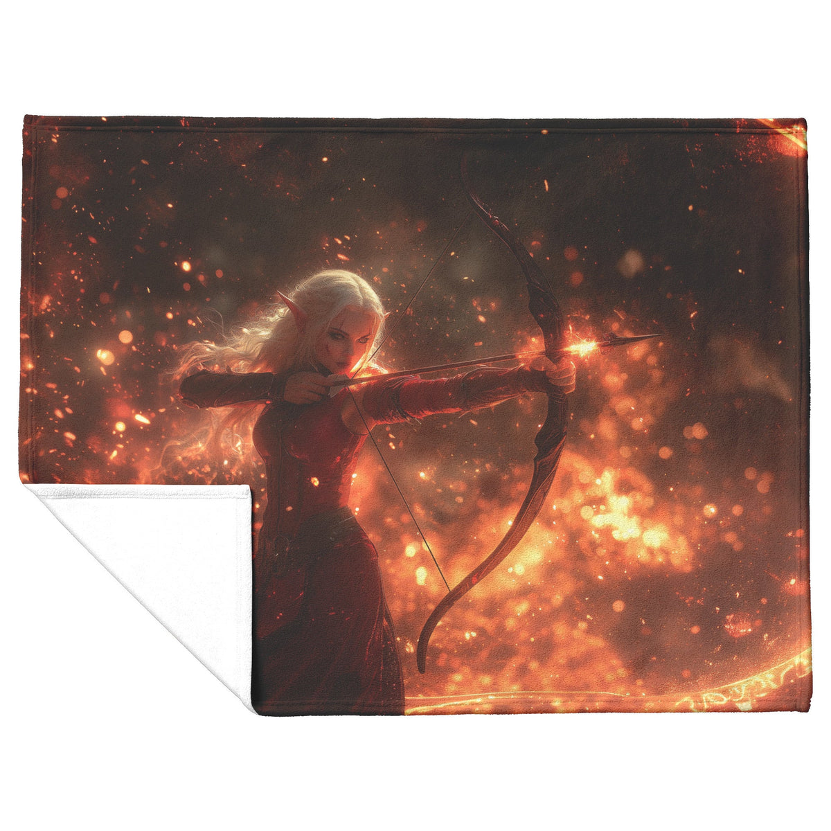 Blood Elf Hunter Fleece Sherpa Blanket Crimson Armor Glowing Bow Golden Textures Cosmic Highlights Majestic WoW Design - Awakening Righteousness