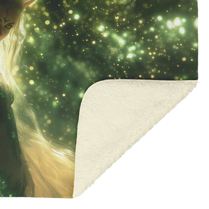 Blood Elf Hunter Fleece Sherpa Blanket Enchanted Forest Golden Mist Green Light Trails Elegant WoW Design - Awakening Righteousness