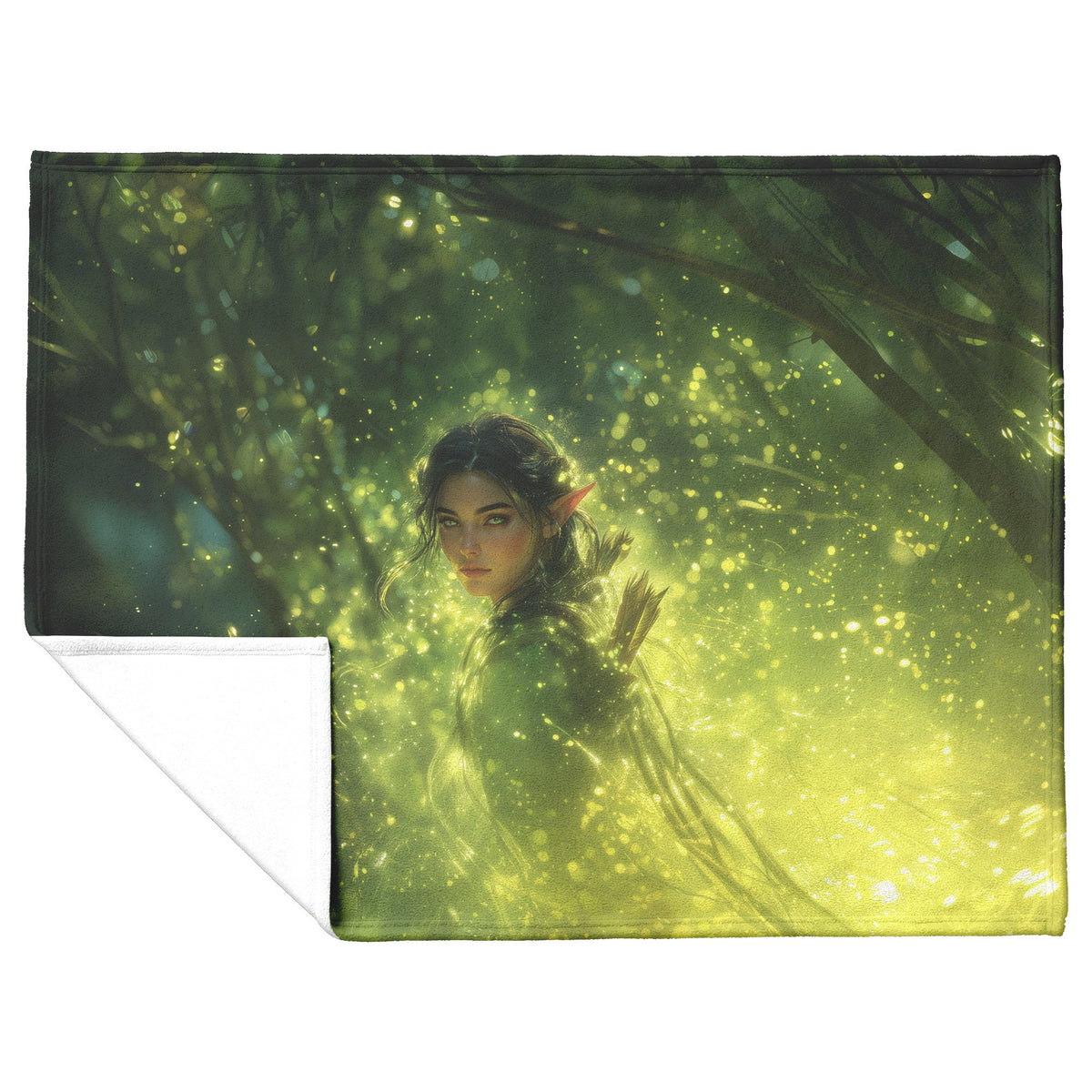 Blood Elf Hunter Fleece Sherpa Blanket Enchanted Forest Golden Mist Green Light Trails Serene Elegant Design - Awakening Righteousness
