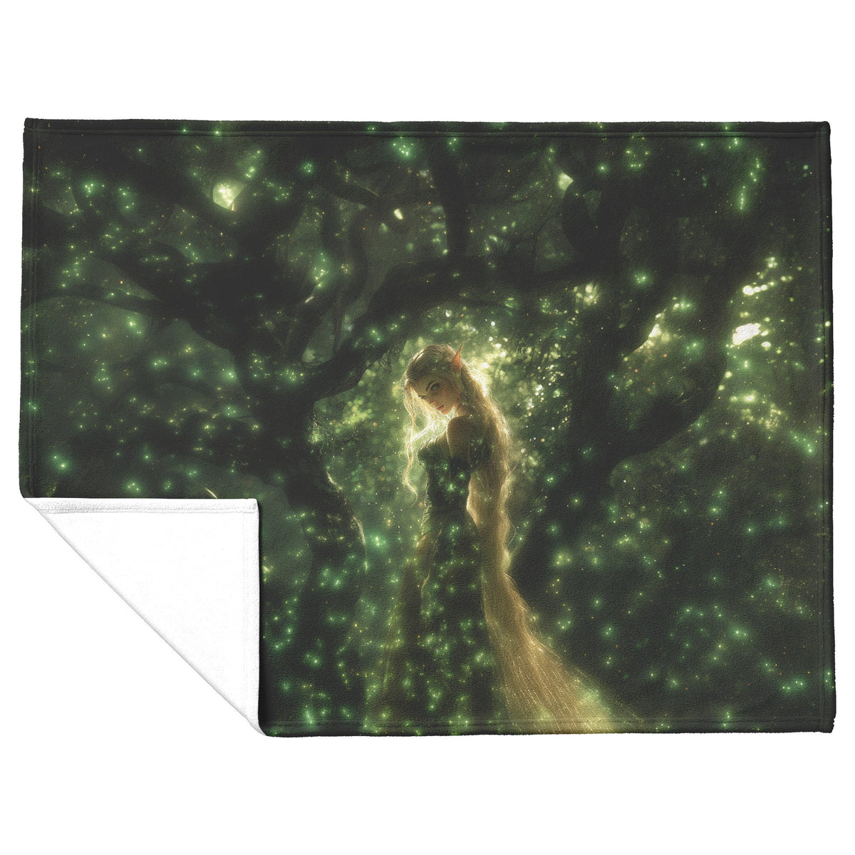 Blood Elf Hunter Fleece Sherpa Blanket Enchanted Forest Golden Mist Green Light Trails Serene Elegant WoW Design - Awakening Righteousness