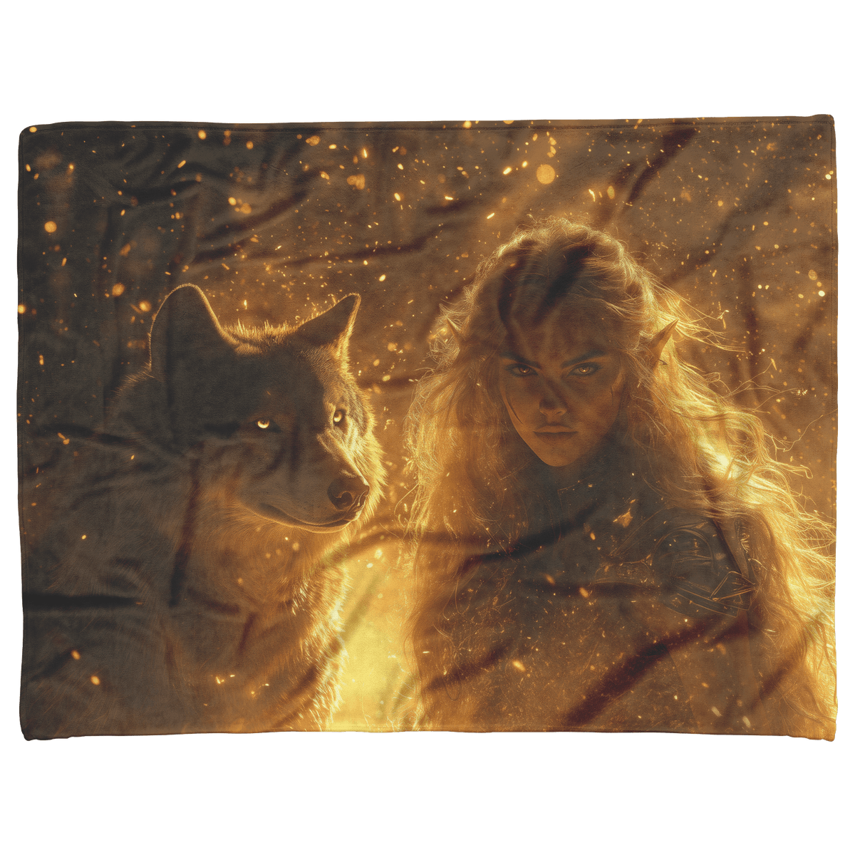 Blood Elf Hunter Fleece Sherpa Blanket Radiant Wolf Golden Light Trails Cascading Textures Serene Inspiring WoW Design - Awakening Righteousness