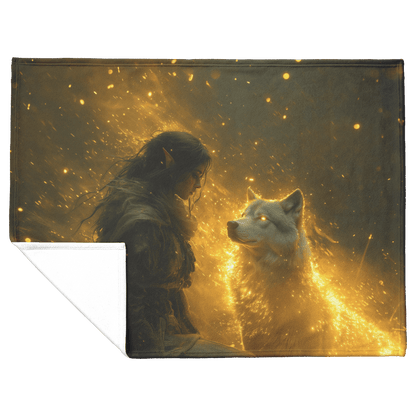Blood Elf Hunter Fleece Sherpa Blanket Radiant Wolf Golden Light Trails Cascading Textures Serene Inspiring WoW Design - Awakening Righteousness