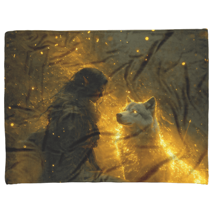 Blood Elf Hunter Fleece Sherpa Blanket Radiant Wolf Golden Light Trails Cascading Textures Serene Inspiring WoW Design - Awakening Righteousness