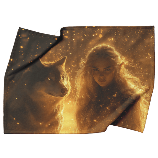 Blood Elf Hunter Fleece Sherpa Blanket Radiant Wolf Golden Light Trails Cascading Textures Serene Inspiring WoW Design - Awakening Righteousness