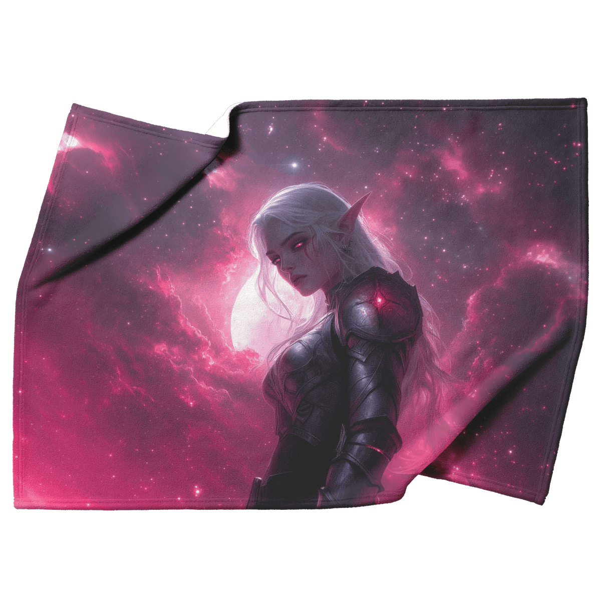 Blood Elf Hunter Fleece Sherpa Blanket Silver Crimson Armor Cosmic Mist Glowing Stars Powerful Majestic Design - Awakening Righteousness