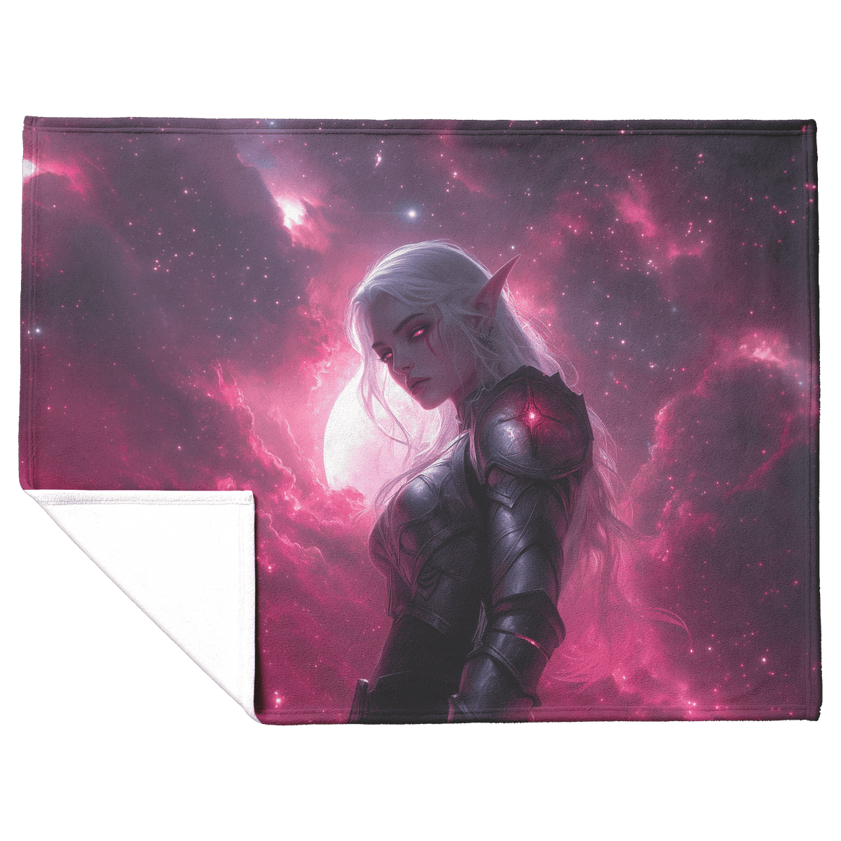Blood Elf Hunter Fleece Sherpa Blanket Silver Crimson Armor Cosmic Mist Glowing Stars Powerful Majestic Design - Awakening Righteousness
