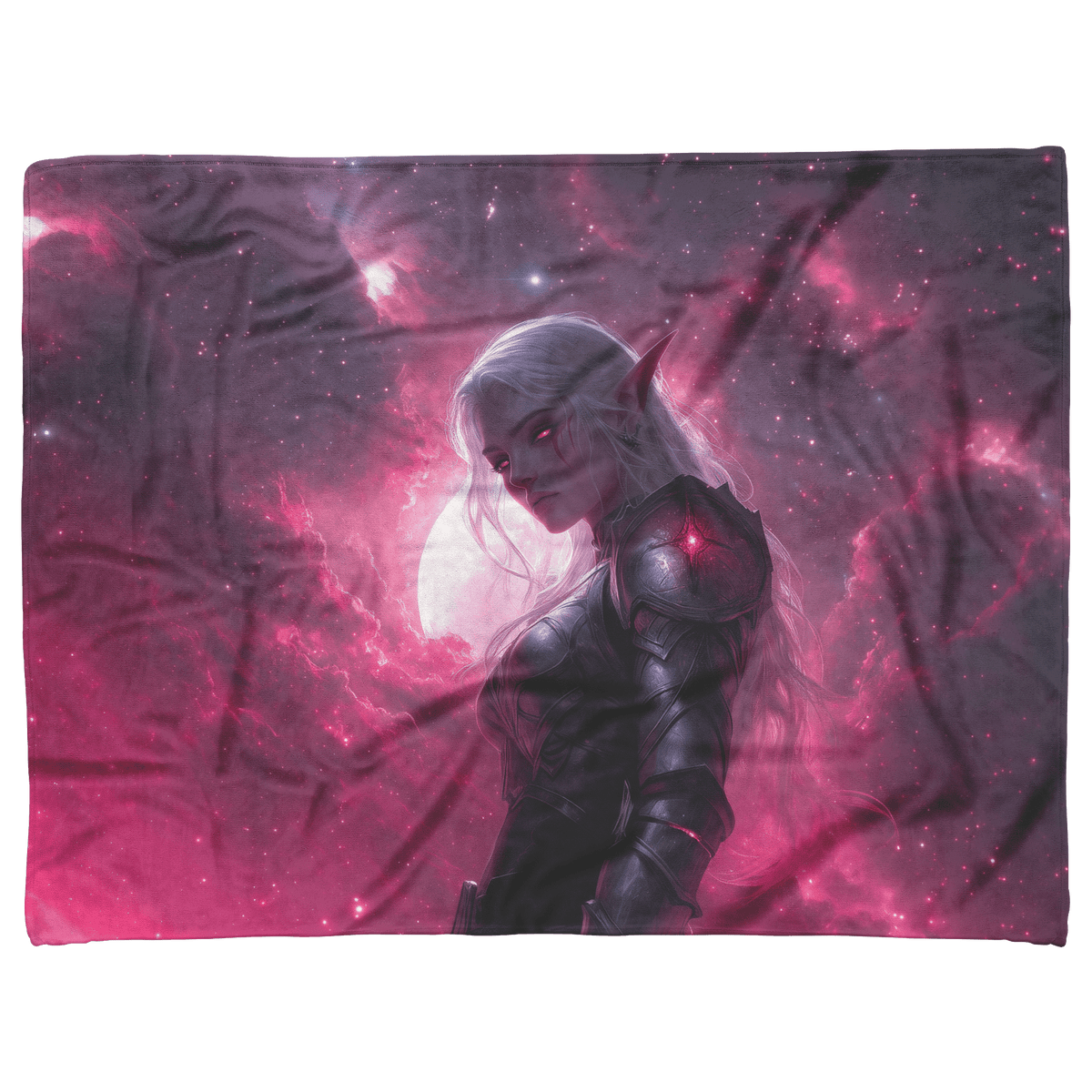 Blood Elf Hunter Fleece Sherpa Blanket Silver Crimson Armor Cosmic Mist Glowing Stars Powerful Majestic Design - Awakening Righteousness