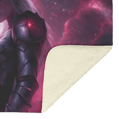 Blood Elf Hunter Fleece Sherpa Blanket Silver Crimson Armor Cosmic Mist Glowing Stars Powerful Majestic Design - Awakening Righteousness