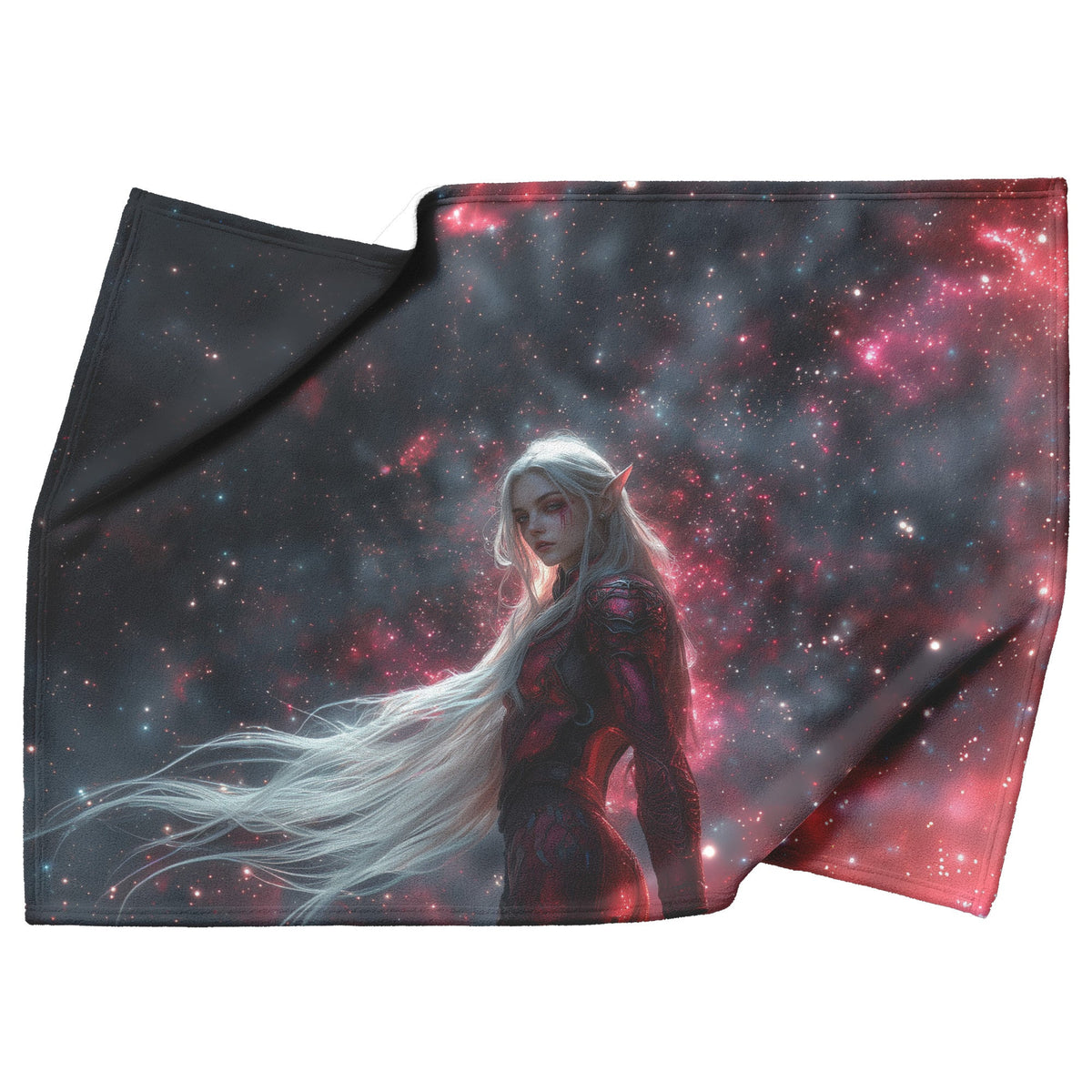 Blood Elf Hunter Fleece Sherpa Blanket Silver Crimson Armor Cosmic Mist Glowing Stars Powerful Majestic WoW Design - Awakening Righteousness