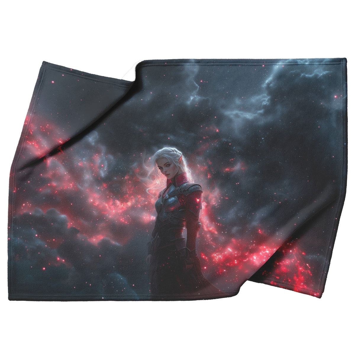 Blood Elf Hunter Fleece Sherpa Blanket Silver Crimson Armor Cosmic Mist Glowing Stars Powerful Majestic WoW Design - Awakening Righteousness