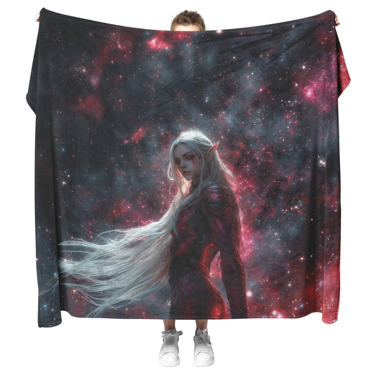 Blood Elf Hunter Fleece Sherpa Blanket Silver Crimson Armor Cosmic Mist Glowing Stars Powerful Majestic WoW Design - Awakening Righteousness