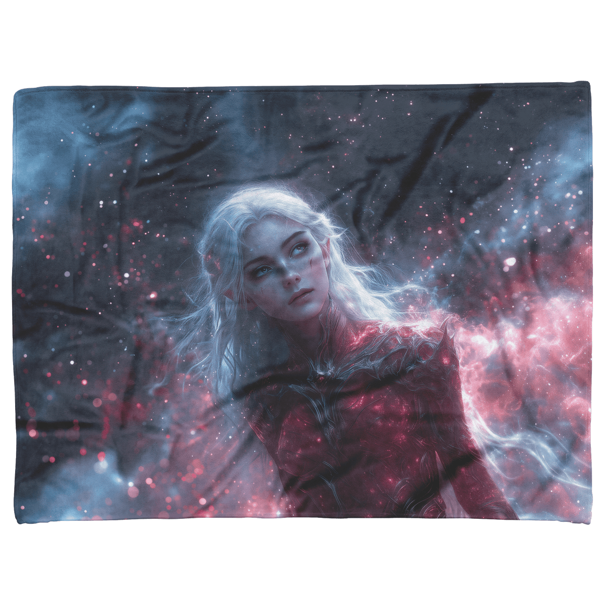 Blood Elf Hunter Fleece Sherpa Blanket Silver Crimson Armor Cosmic Mist Glowing Stars Powerful Majestic WoW Design - Awakening Righteousness