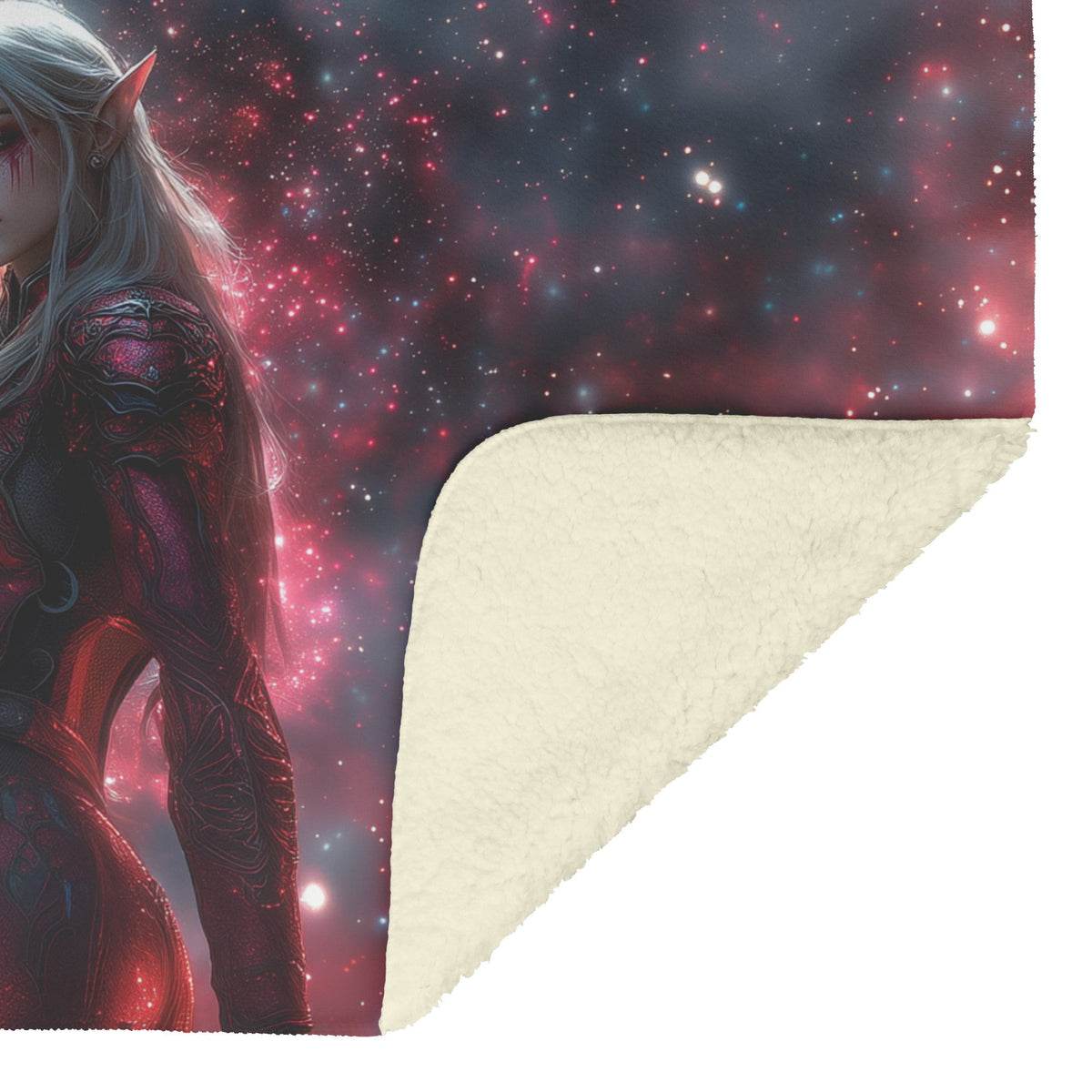 Blood Elf Hunter Fleece Sherpa Blanket Silver Crimson Armor Cosmic Mist Glowing Stars Powerful Majestic WoW Design - Awakening Righteousness