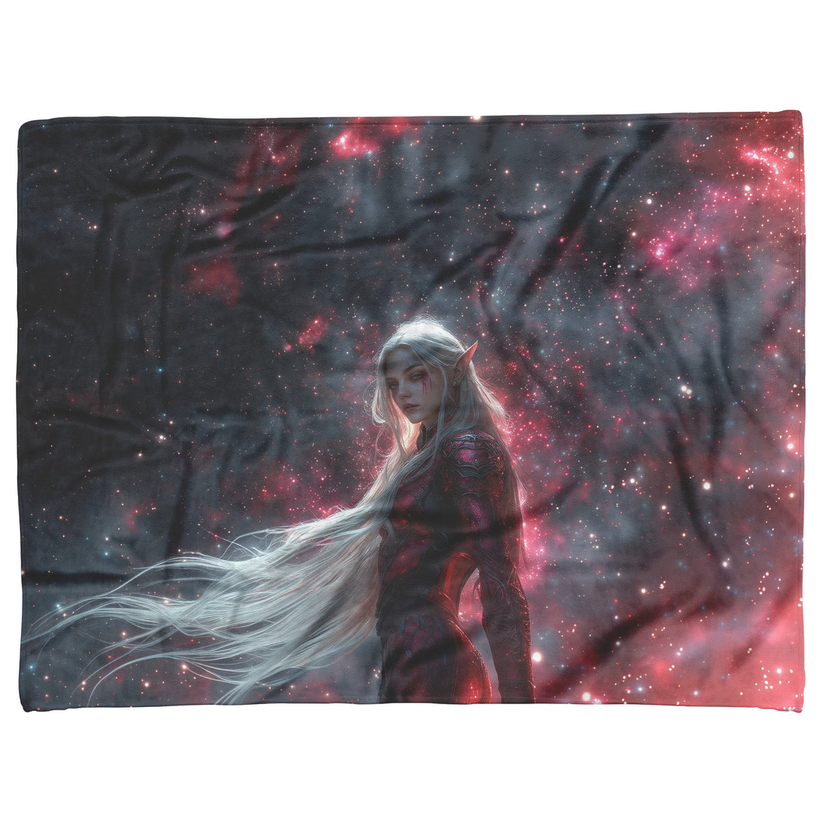 Blood Elf Hunter Fleece Sherpa Blanket Silver Crimson Armor Cosmic Mist Glowing Stars Powerful Majestic WoW Design - Awakening Righteousness