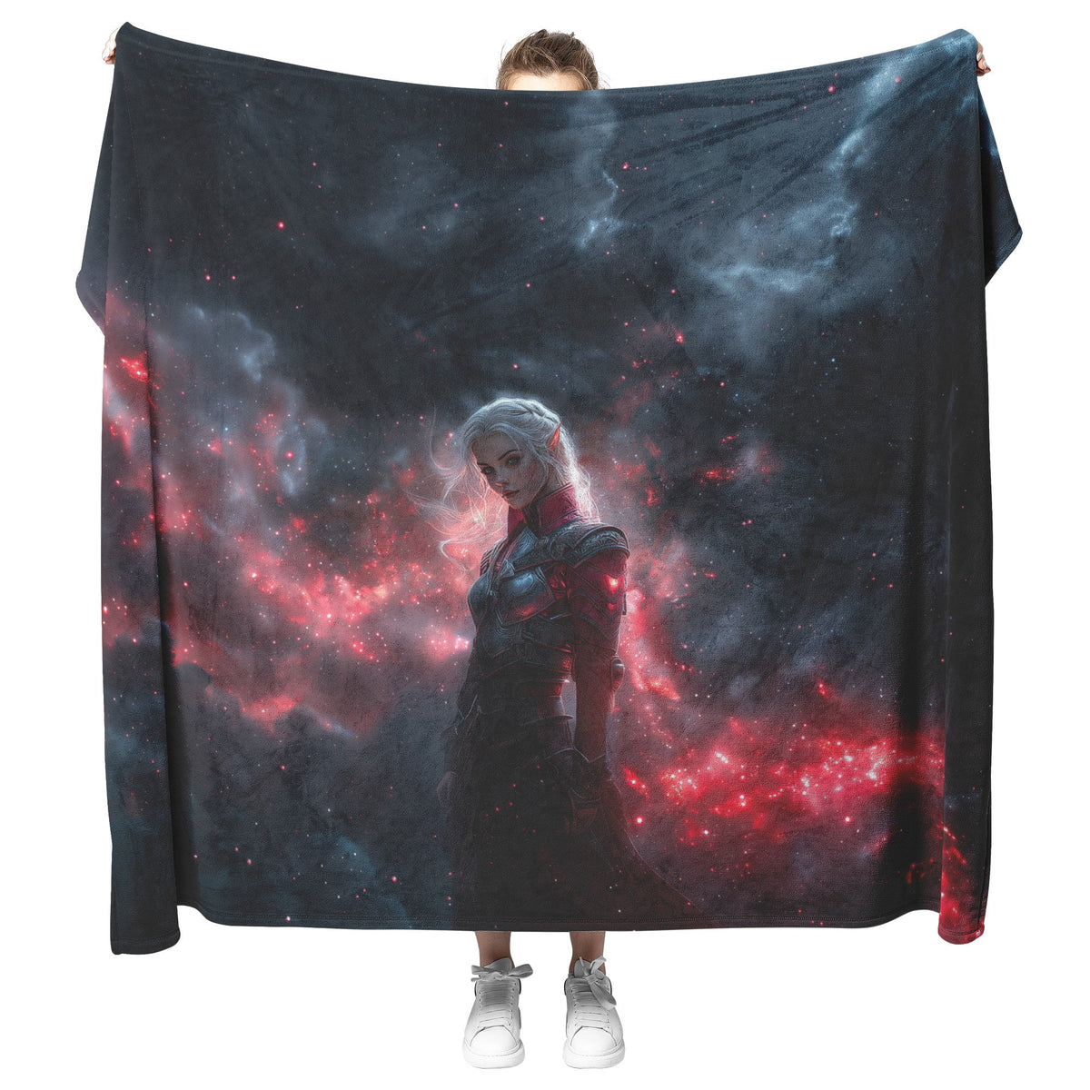 Blood Elf Hunter Fleece Sherpa Blanket Silver Crimson Armor Cosmic Mist Glowing Stars Powerful Majestic WoW Design - Awakening Righteousness