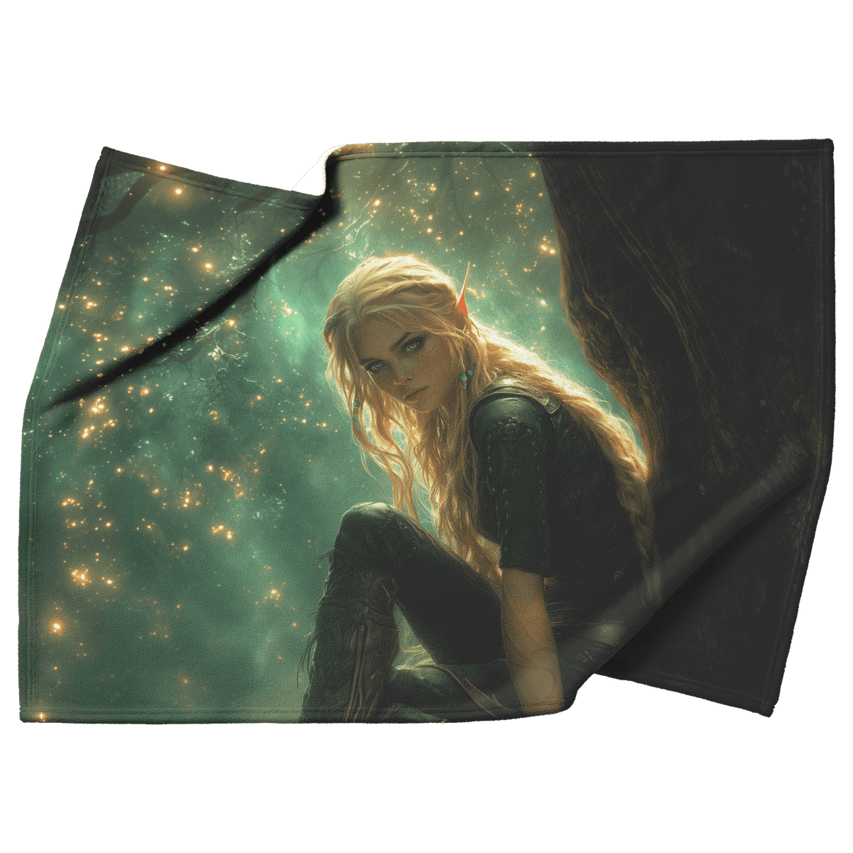 Blood Elf Hunter Fleece Sherpa Blanket Treetop Green Textures Golden Highlights Tranquil Peaceful WoW Design - Awakening Righteousness