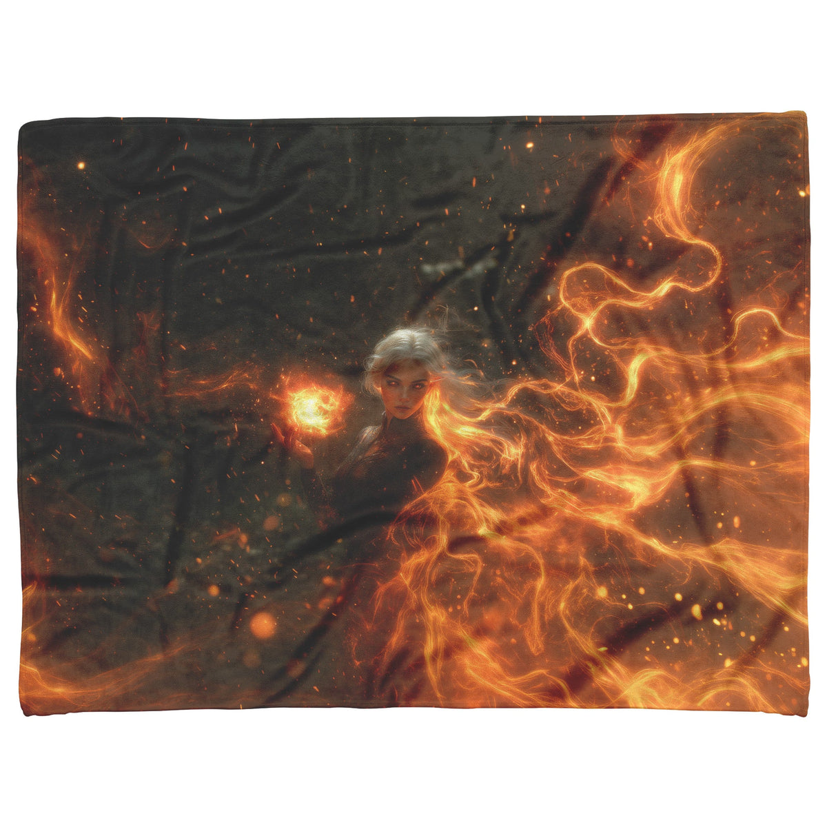 Blood Elf Mage Fleece Sherpa Blanket Fireball Red Orange Trails Golden Textures Cascading Stars Bold Vibrant Design - Awakening Righteousness