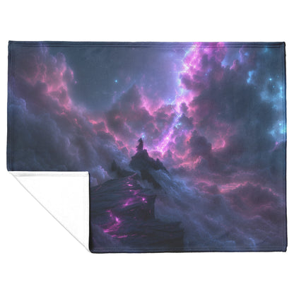Blood Elf Mage Fleece Sherpa Blanket Mountain Top Glowing Staff Light Trails Cosmic Mist Bold Inspiring WoW Design - Awakening Righteousness