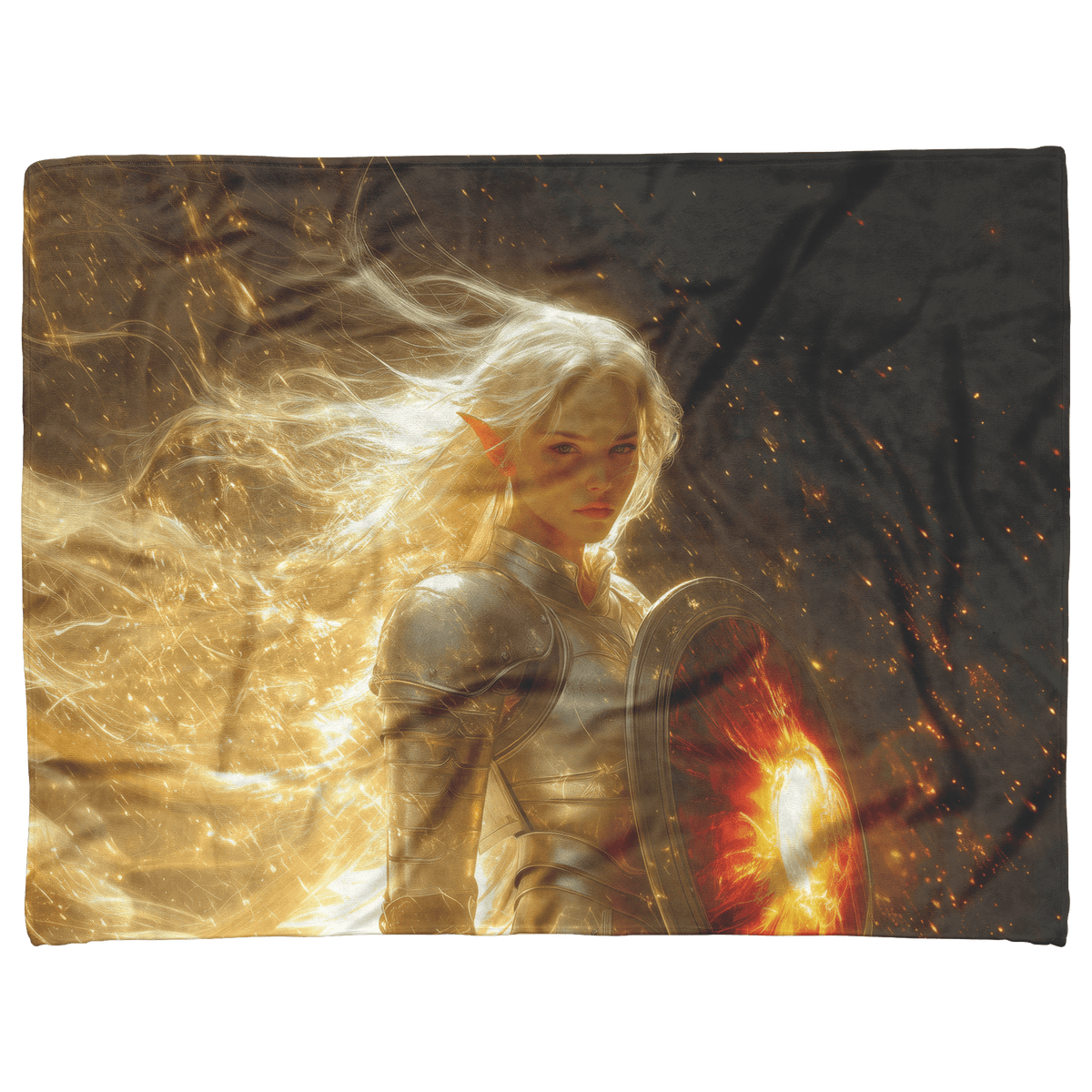 Blood Elf Paladin Fleece Sherpa Blanket Silver Red Armor Golden Glow Shield Light Trails Serene Majestic WoW Design - Awakening Righteousness